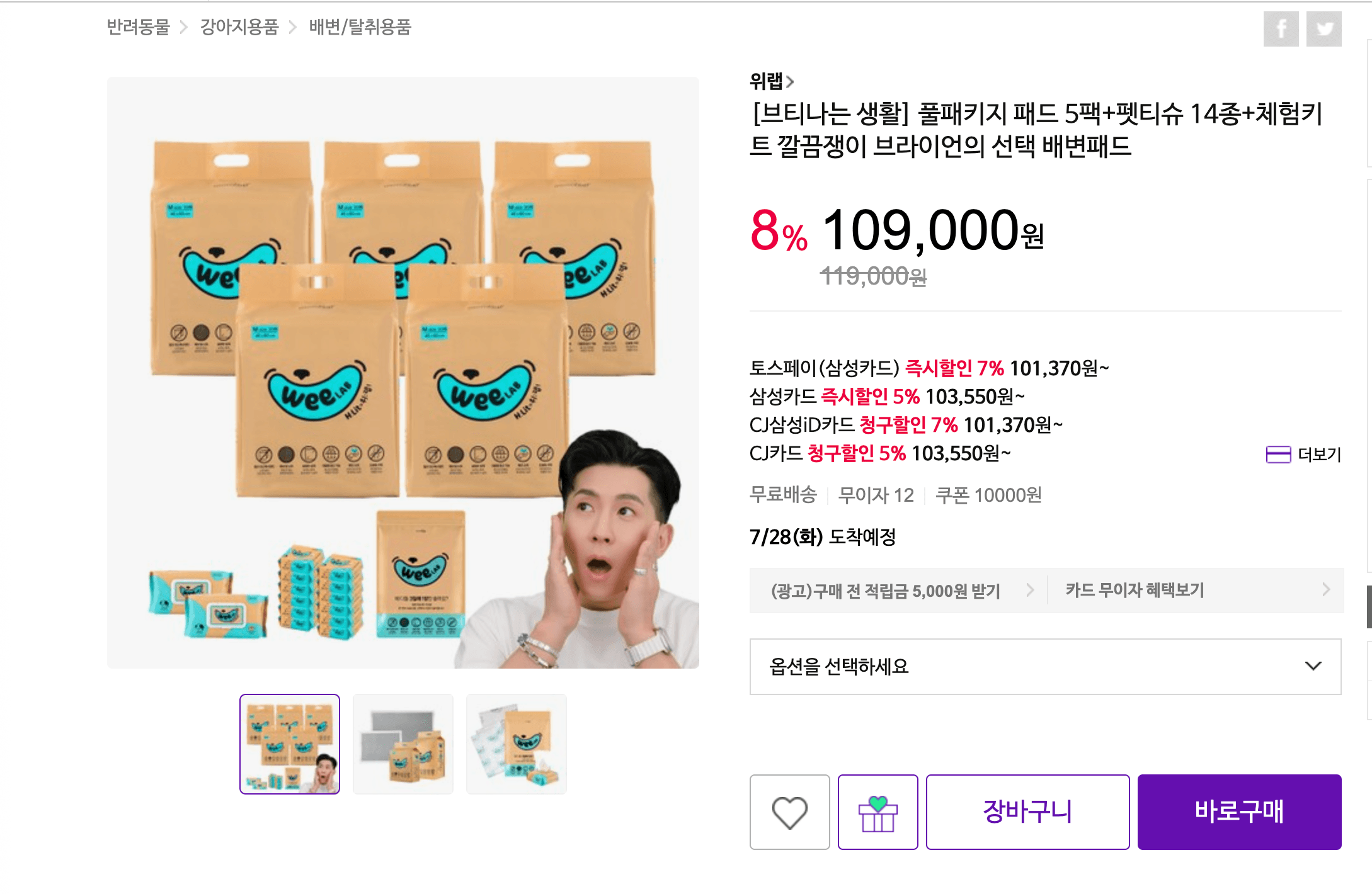 [CJ온스타일] 위랩패드 배변패드 8팩 (150,100원/무료배송)