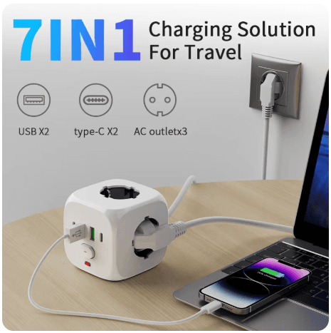[알리] 2미터 멀티탭 3개의 AC 콘센트, 2개의 USB 포트 및 2개의 타입 C 7-in-1(10,263원/무료)