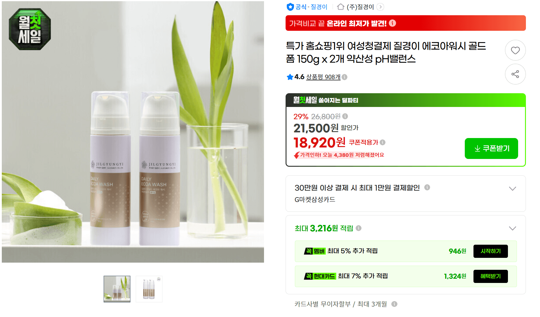 [지마켓] 여성청결제 질경이 에코아워시 골드 폼 150g x 2개 (18,920원/무료)