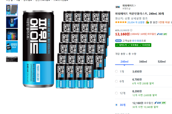 파워에이드 마운틴블라스트, 240ml, 30개 (12,160원 / 무료배송)