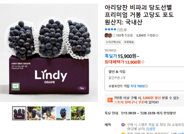 아리당찬 비파괴 당도선별 프리미엄 거봉 고당도 포도 (13,900원 / 무료배송)