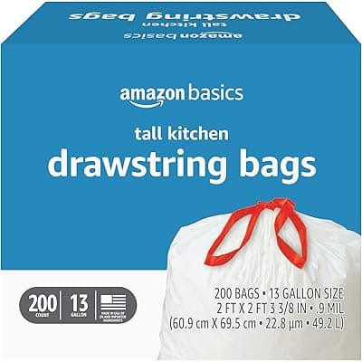 Amazon) 아마존 베이직 Tall Kitchen Drawstring 쓰레기 봉지, 13갤런, 무향, 200 Count -> $16.90, 아마존 프라임데이 딜