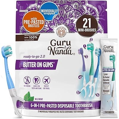 Amazon) GuruNanda Mini Disposable Toothbrushes with Toothpaste, Tongue Scraper, Floss & Toothpick 21 ct, $14.99 -> $5.25