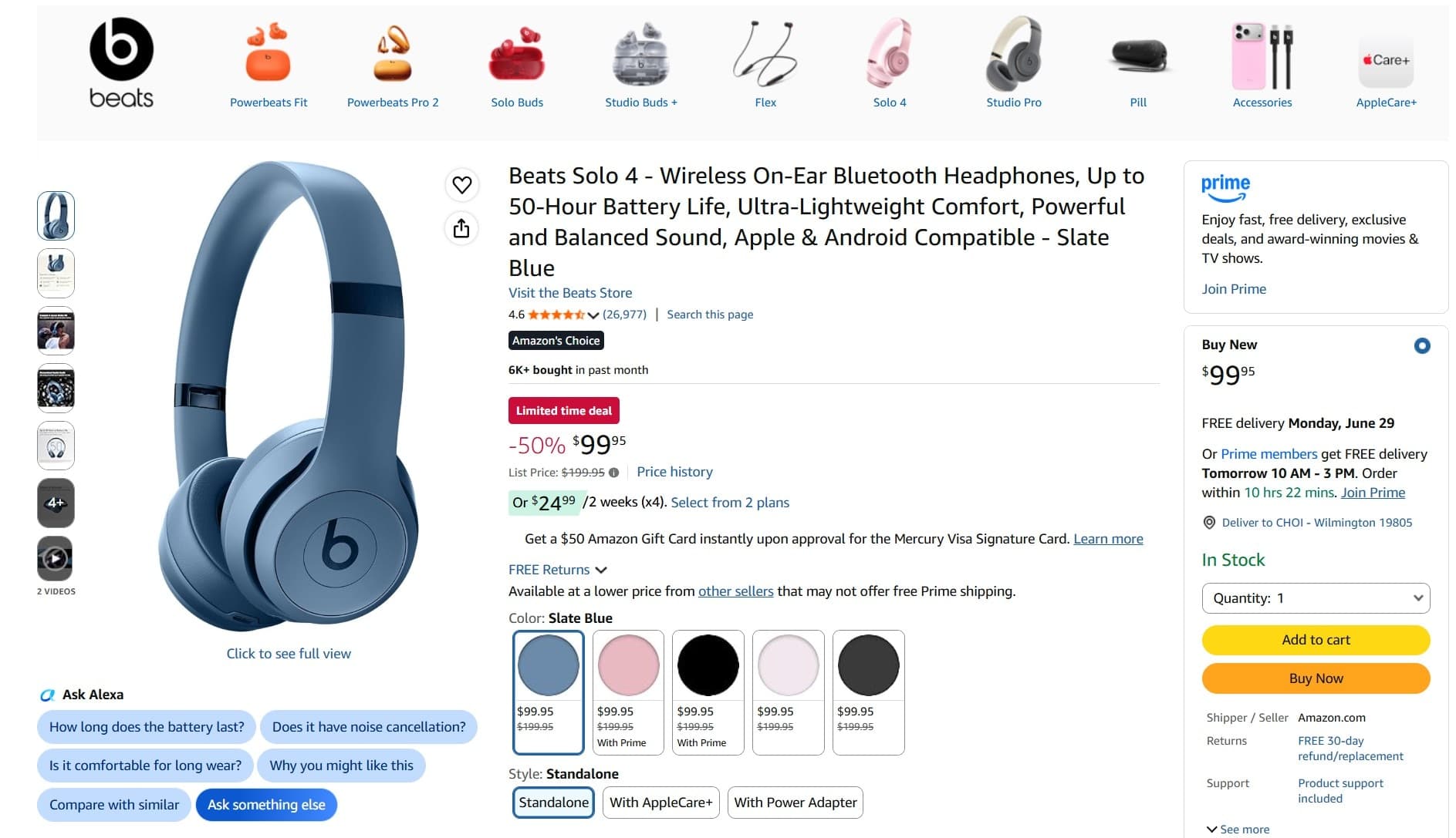 [amazon]Beats Solo 4 - Wireless On-Ear Bluetooth Headphones $99.95