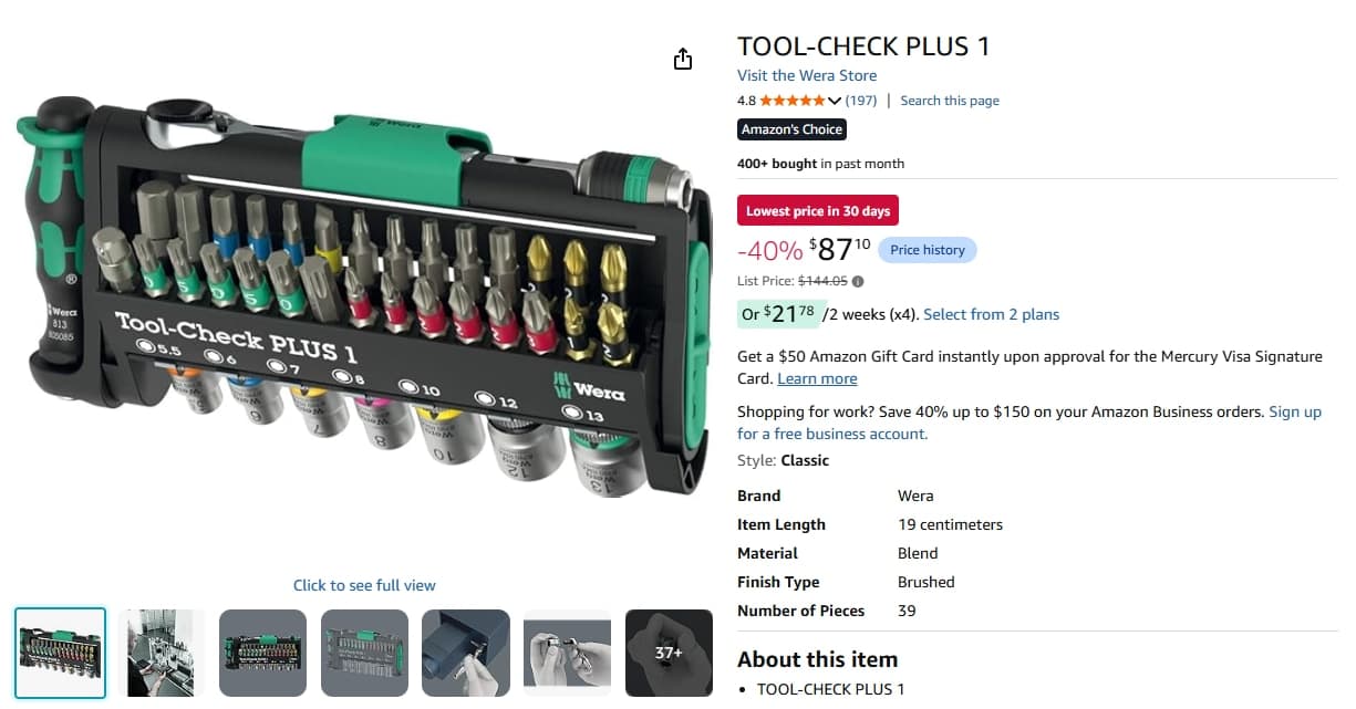 [Amazon] Wera TOOL-CHECK PLUS 1 40%할인 (87.10/미국내 fs)