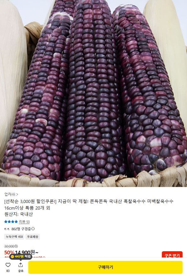 [카카오쇼핑] 국내산 흑찰옥수수 16cm이상 특품 20개 11,900원 (무료)