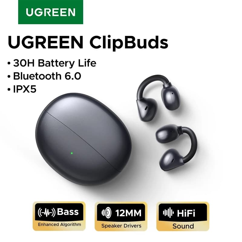 UGREEN 클립버즈 오픈 이어 무선 헤드폰 블루투스 6.0, 4개의 마이크로 클립형 이어폰, 30시간 재생 ($19.65 / (약: 28,494원))