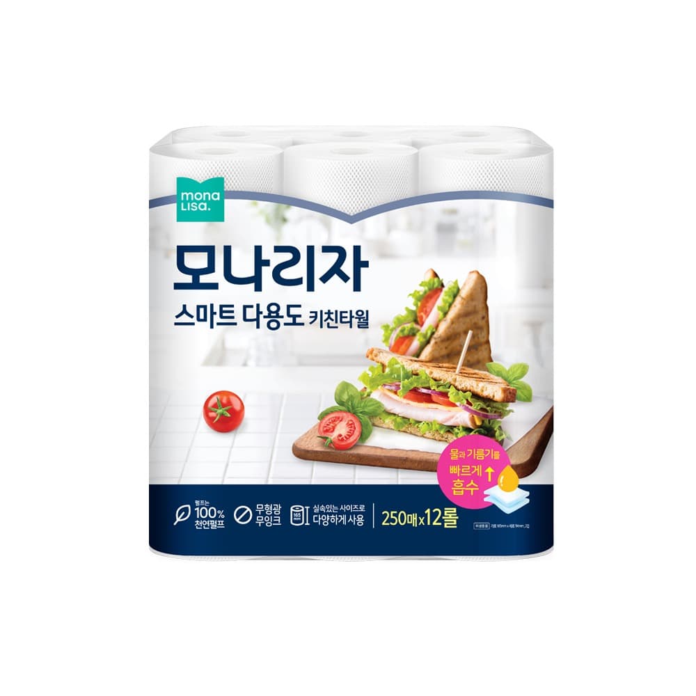 [토스]모나리자 스마트 다용도 키친타올, 250매, 12롤, 1팩 (6,900/무료)