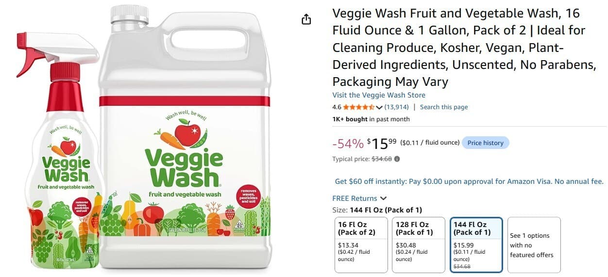 Amazon) 과일 채소 세정제 Veggie Wash 1갤론+16온즈 세트 $34.68 => $15.99 내려갔어요.