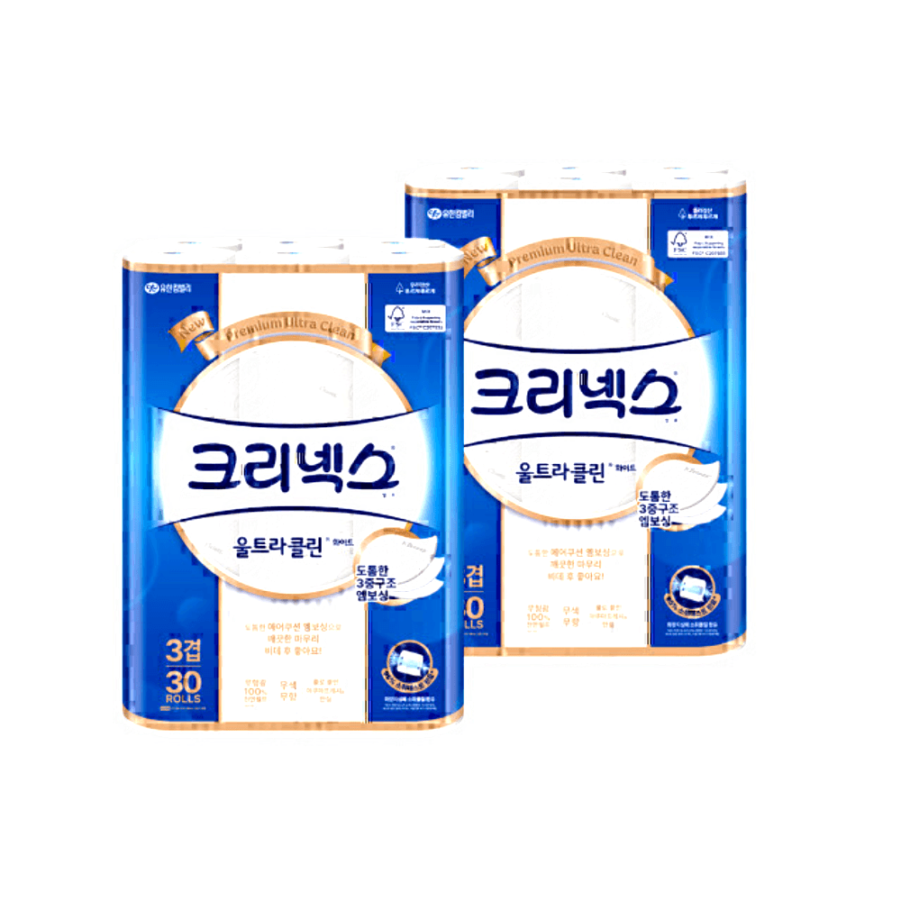 지마켓) 크리넥스 3겹 울트라클린 화이트 25MX30롤+30롤 23,455원 (무료배송)