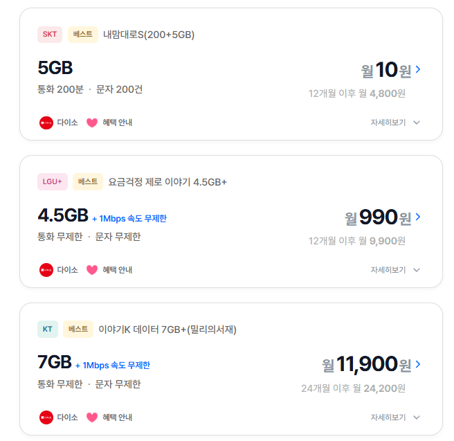 [이야기알뜰폰]SKT 200분5GB 12개월 (10원/무료)