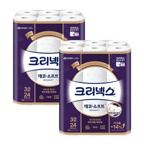 크리넥스 3겹 데코&소프트 화장지 28M-24롤X2팩+(네이버페이2천원) (0원 / 무료배송)