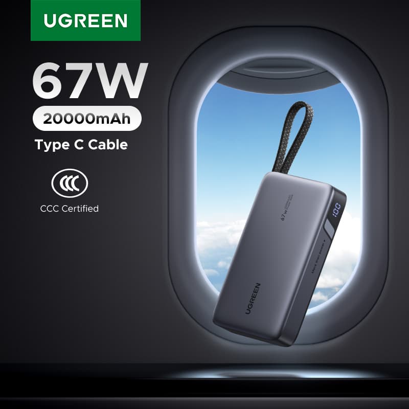【CCC 인증】UGREEN 67W 20000mAh 보조 배터리 내장형 Type-C 케이블 PD 65W 노트북 충전기 ($4.92 / (약: 7,053원))