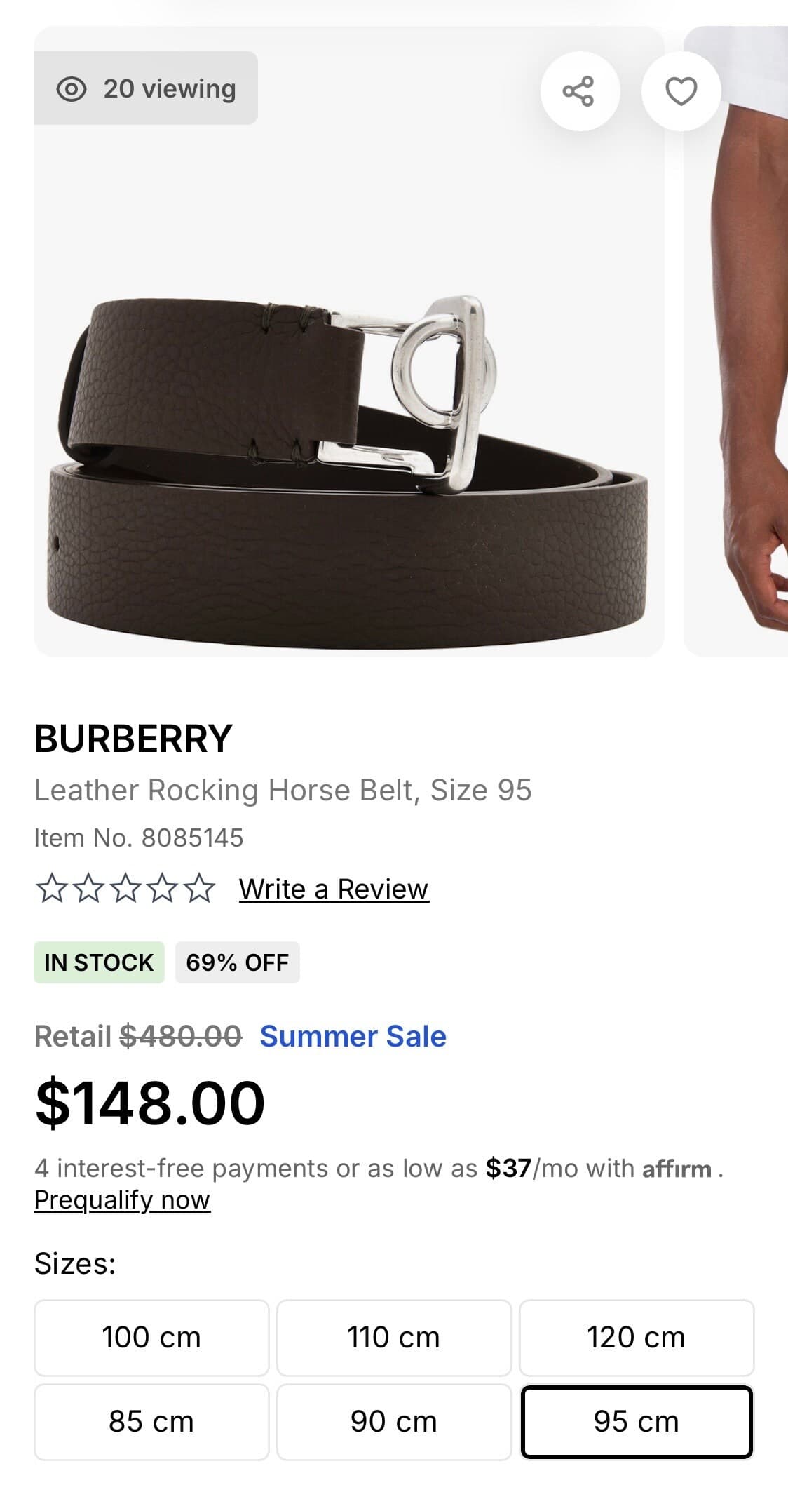 [조마샵] BURBERRY Leather Rocking Horse Belt, Size 95  $148