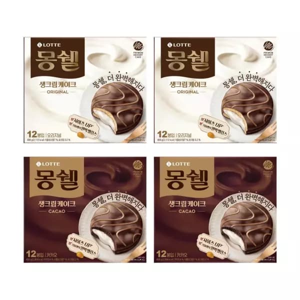 [11번가]몽쉘 생크림 케이크 오리지널 408g 2개 + 카카오 408g 2개 (티멤14,170원/무료) (무료배송)