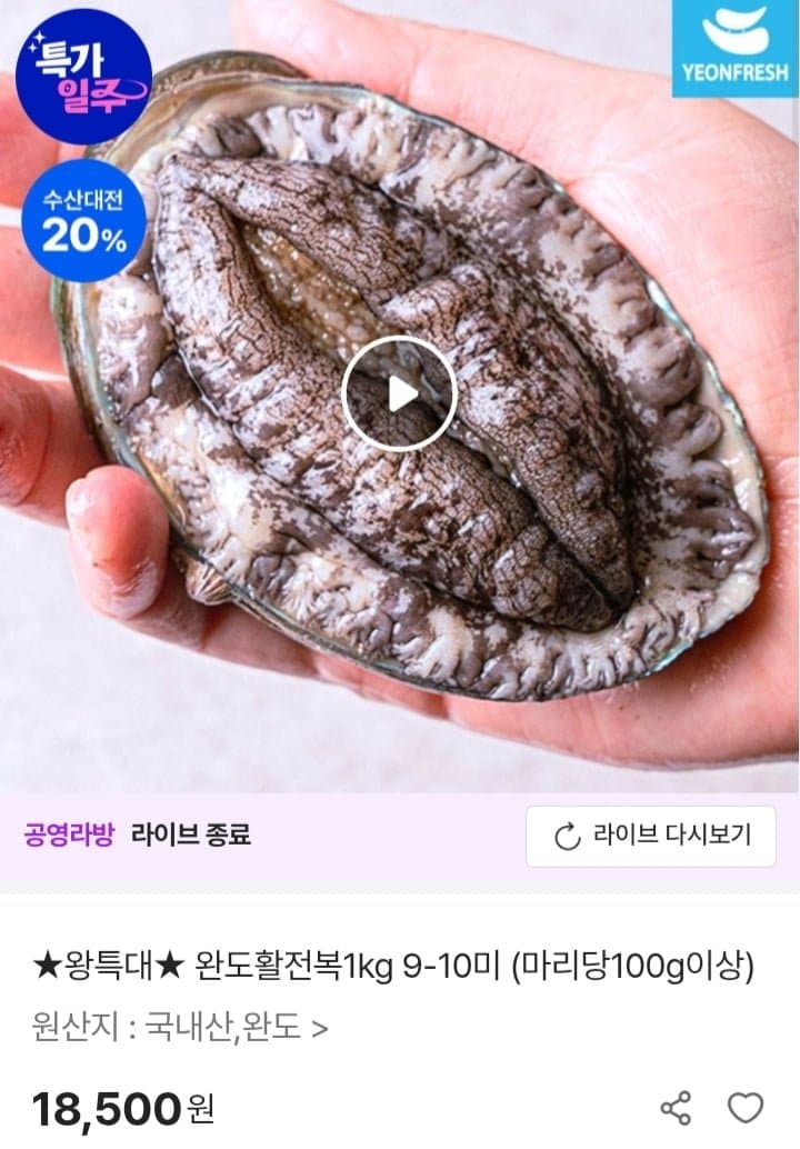 [공영쇼핑]완도활전복 1kg 9미-10미 (14,800원/무배)