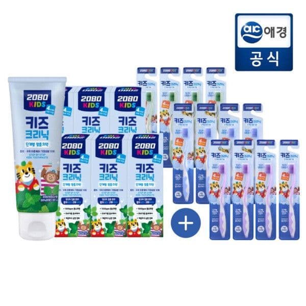옥션/카드할인)2080 키즈크리닉 4스텝 민트향 치약 6개 + 칫솔 12입 13,750원 (무료배송)