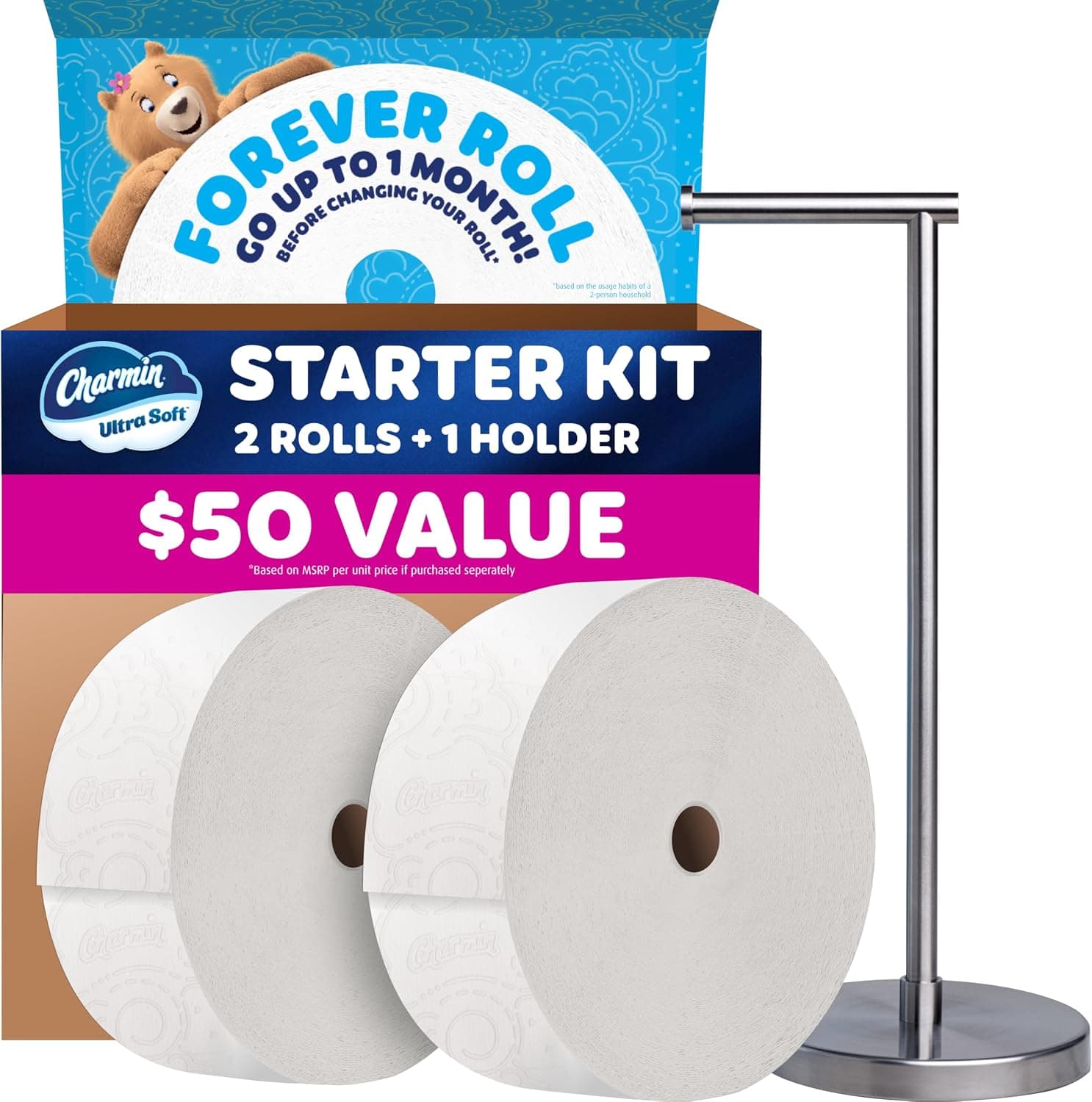 Amazon) Charmin Toilet Paper Ultra Soft Forever Roll Starter Kit (2롤), $29.97 -> $8.99