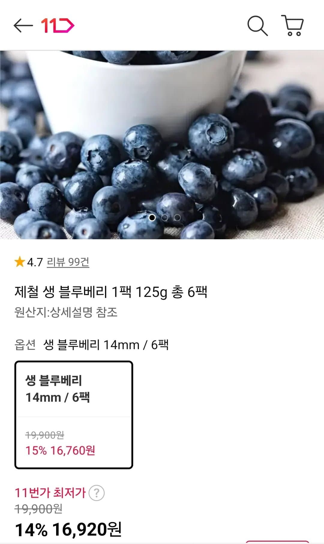 [11번가]제철 생 블루베리 1팩 125g 총 6팩 (16,920원/무료)