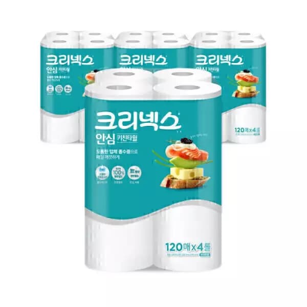 크리넥스 안심 키친타올 120매 4롤 X 4EA (12,400원 / 무료배송)
