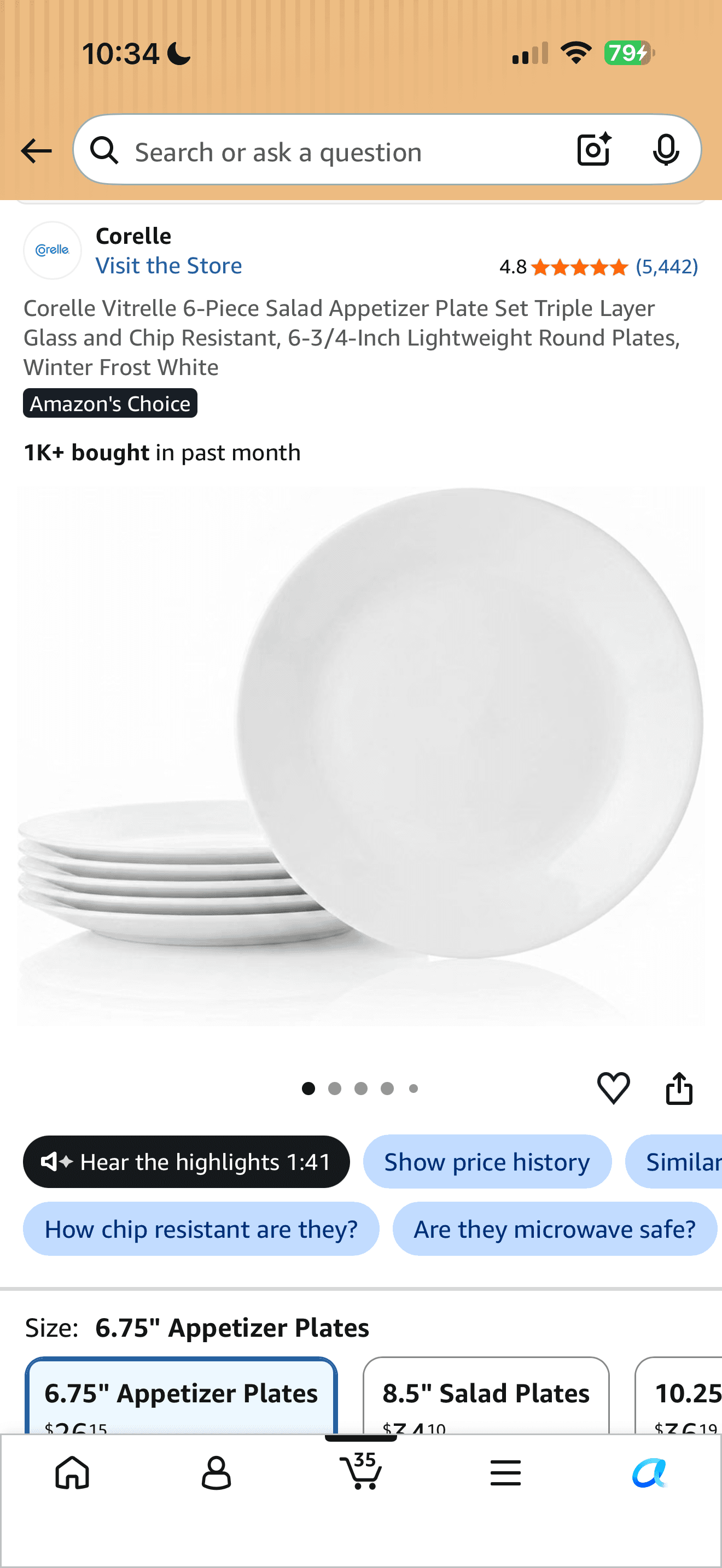 Amazon) Corelle Vitrelle 6-Piece Salad Appetizer Plate Set Triple Layer Glass and Chip Resistant, 6-3/4-Inch $18.19