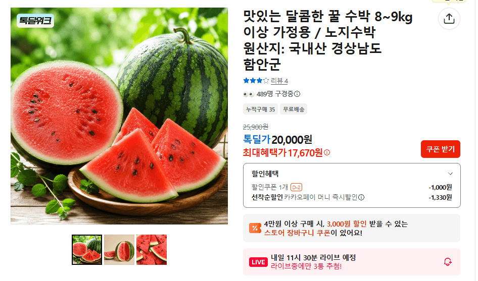 [기타] 가정용 꿀수박 8~9kg (16,760원 / 무배)