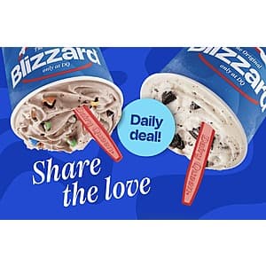 Dairy Queen Daily Offer: Blizzard Treat Buy 1, Get 1 for ($1.00 / (약: 1,429원))