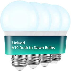 4-Pk Linkind Outdoor A19 Dusk-to-Dawn LED Light Bulbs w Automatic On Off Sensor ($7.50 / (약: 10,724원))