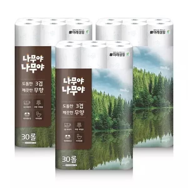 [G마켓]나무야나무야 도톰한 3겹 무향 화장지 27m 30롤 3팩 (27,990원/무료) (무료배송)