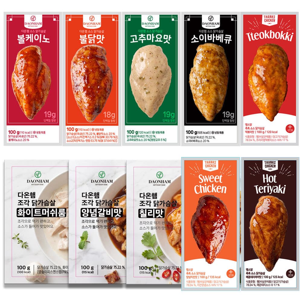 다온햄 소스 통살 닭가슴살 10종 혼합 100g, 50개 (49,850원 / 무료배송)