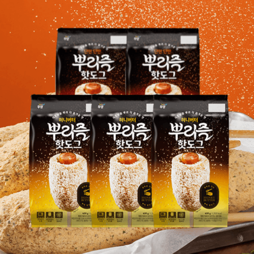 무료배송 찜하기 공유하기 [입고특가] 우양 뿌리즐 핫도그 400g(5입) x 2봉+허니버터 뿌리즐 핫도그 400g(5입) x 3봉 (총 25입구 (15,900원)