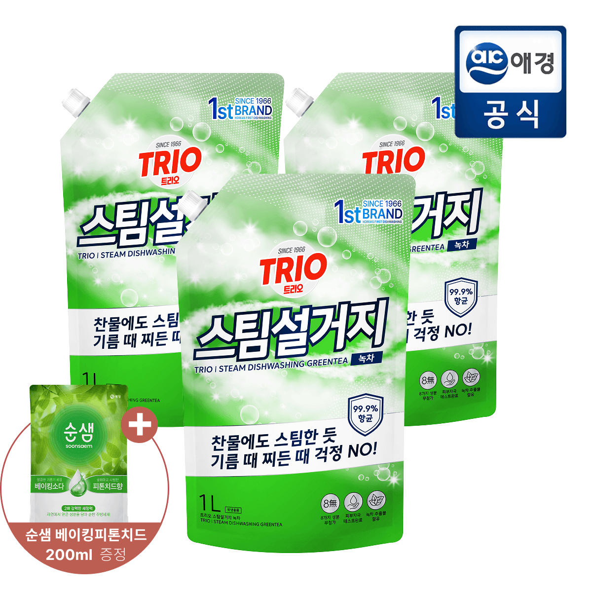 트리오 녹차 주방세제 1L 3개+순샘 주방세제 200ml (7,870원 / 무료배송)