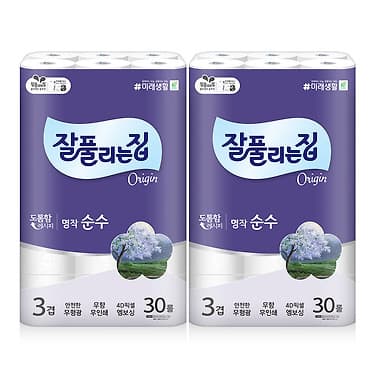 잘풀리는집 명작순수 화장지 30M 30롤 2팩 (28,900원 / 무료배송)