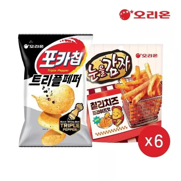 포카칩 트리플페퍼60g 6개 + 눈을감자 칠리치즈 56g 6개 (11번가기준18,160원 / 무료배송)