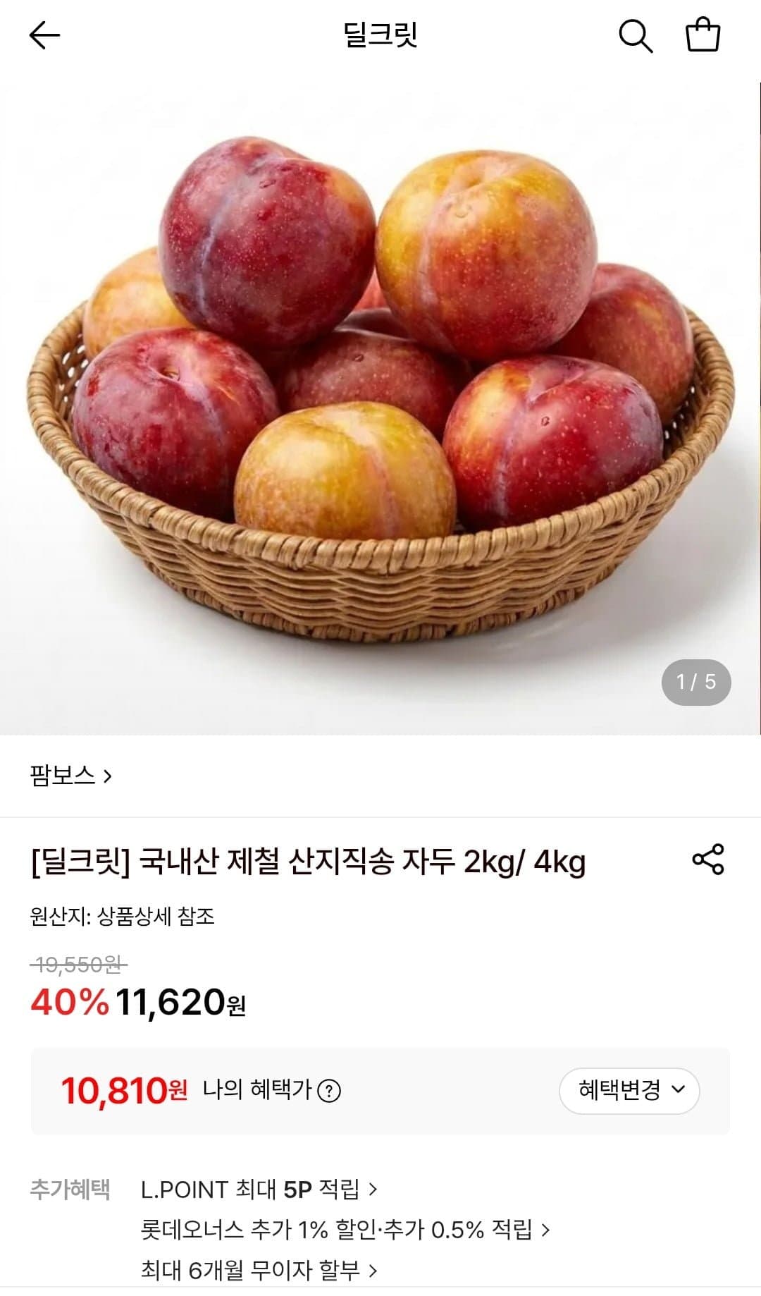 [롯데온]국내산 햇자두 2kg (10,810원/무료)