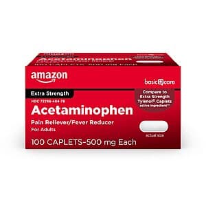 100-Ct Amazon Basic Care Extra Strength 500mg Acetaminophen Caplets ($1.55 / (약: 2,199원))