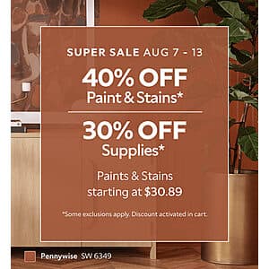 Sherwin-Williams Summer Super Sale: Sherwin-Williams Paints & Stains 40% Off & More + Free Pickup (Valid thru 8/13) ($0.00 / 무료배송)