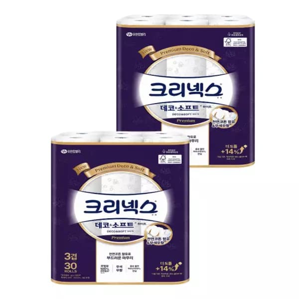 크리넥스 3겹 데코앤소프트 화이트 25MX30롤 2팩 (28,860원 / 무료배송)