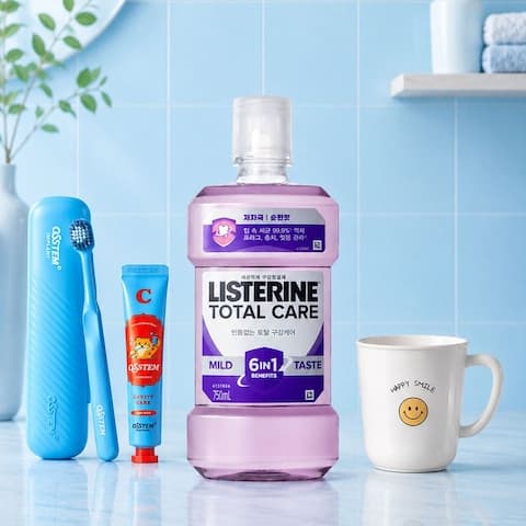 리스테린 토탈케어 마일드 750ml x4+(증정)오스템 충치케어 양치키트 (18,237원 / 무료배송)