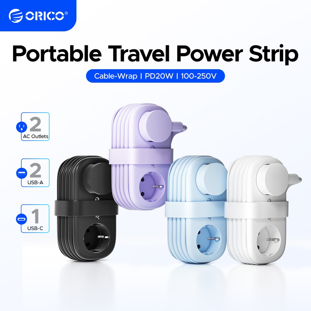 ORICO AP3 EU 플러그 20W PD 전원 스트립 2AC 콘센트 2USB 1Type-C 1.53M 가정용/Travle용 ($0.17 / (약: 241원))