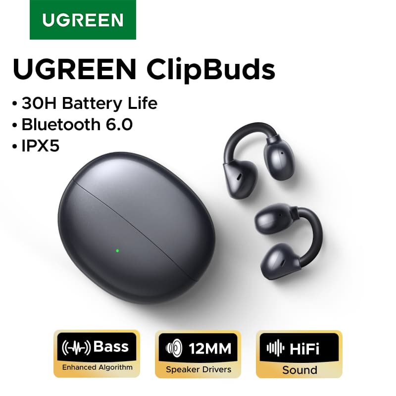 UGREEN 클립버즈 오픈 이어 무선 헤드폰 블루투스 6.0, 4개의 마이크로 클립형 이어폰, 30시간 재생 ($19.32 / (약: 27,411원))