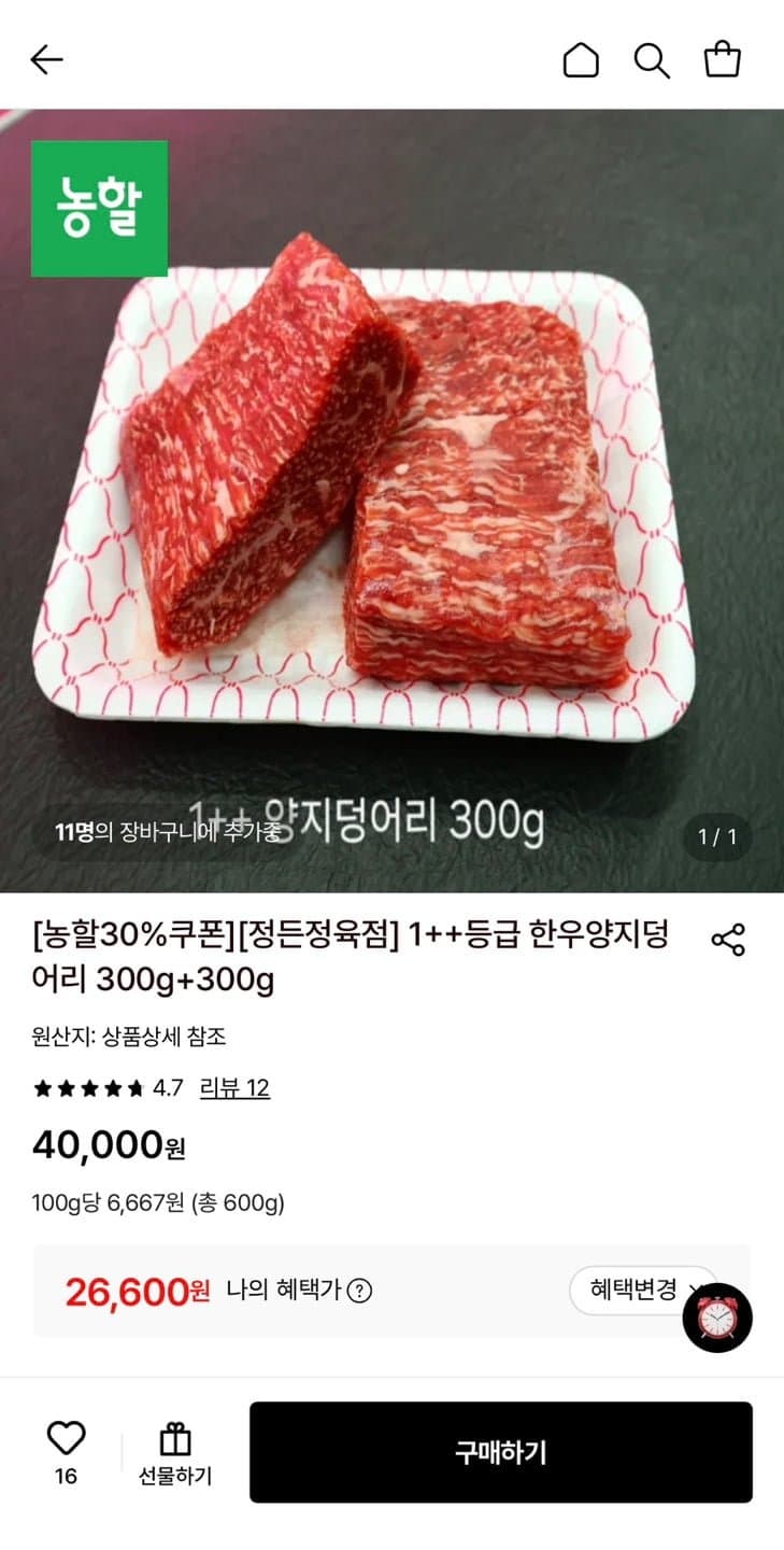 [롯데온]1++등급 한우양지덩어리 300g+300g (26,600원/무료)