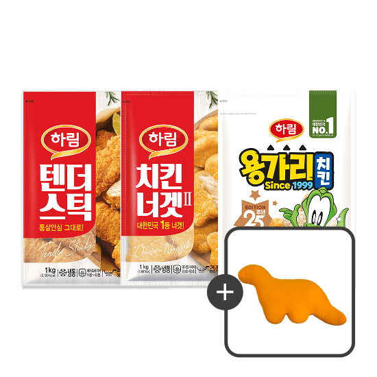 텐더스틱 1kg + 치킨너겟2 1kg + 용가리치킨 1kg + 썸머 용가리인형 (30,600원 / 무료배송)