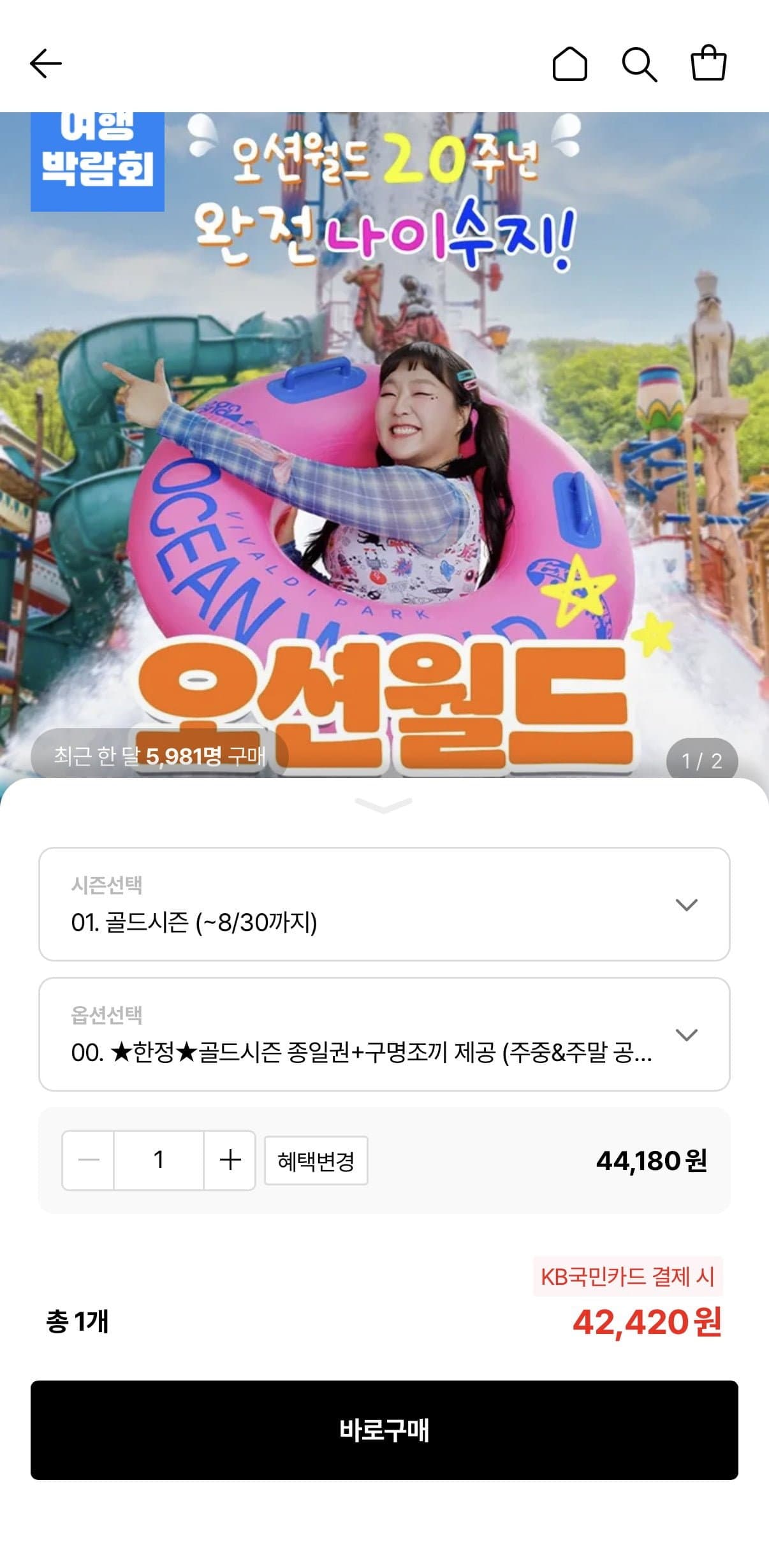 [롯데온]홍천 비발디파크 오션월드 종일권(42,420원/무료)