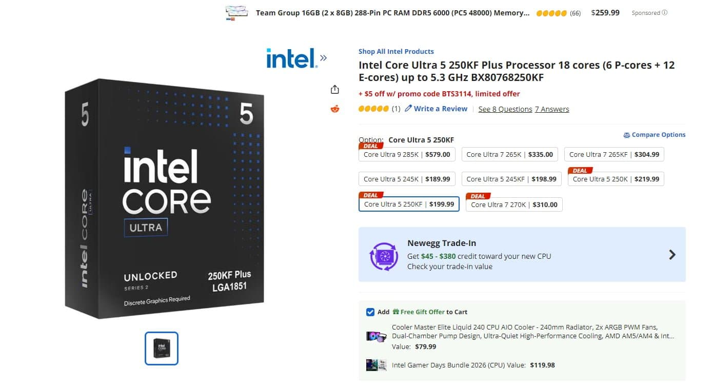 [newegg]Intel Core Ultra 5 250K Plus + Cooler Master Elite Liquid 240 + 툼레이더 신작 등 게임 2종