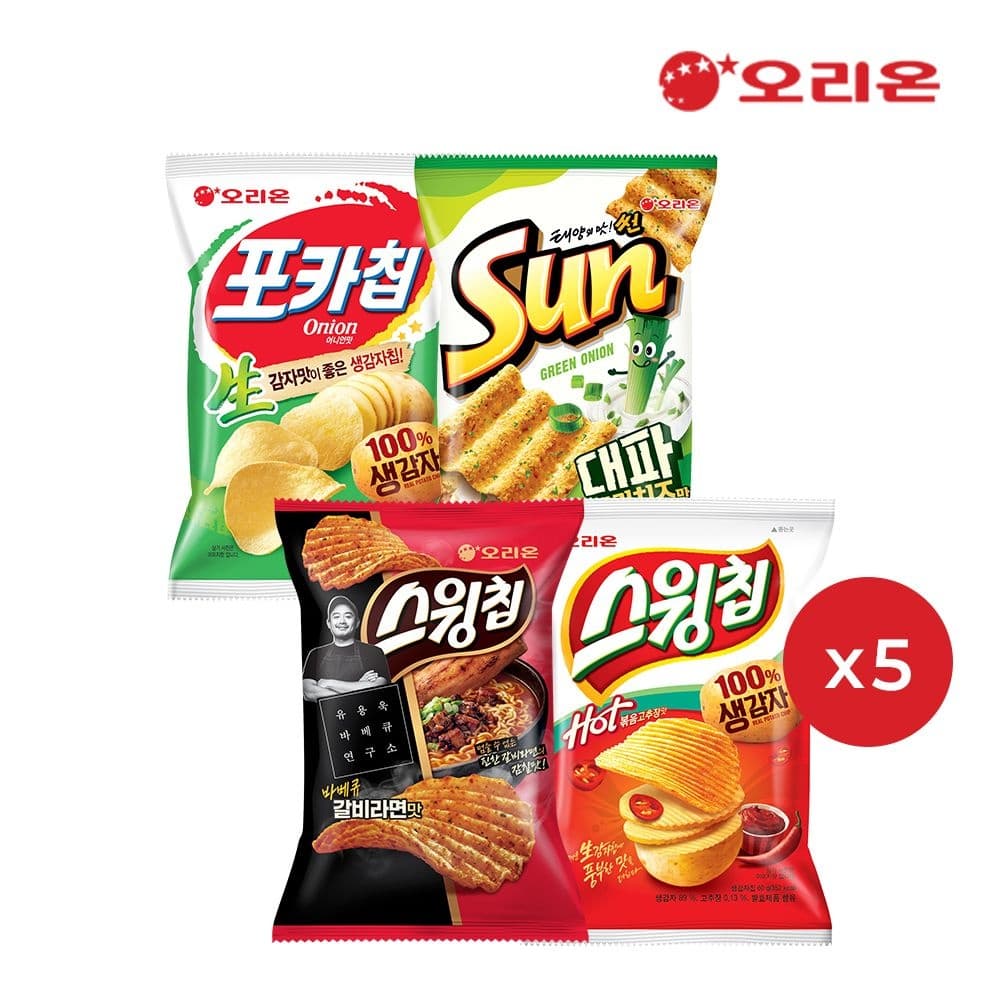 [롯데온] 오리온 스낵4종 (포카칩 어니언5 + 썬 대파크림치즈5 + 스윙칩 볶음고추장5 + 스윙칩 갈비라면5) (20,650원 / 무료배송)