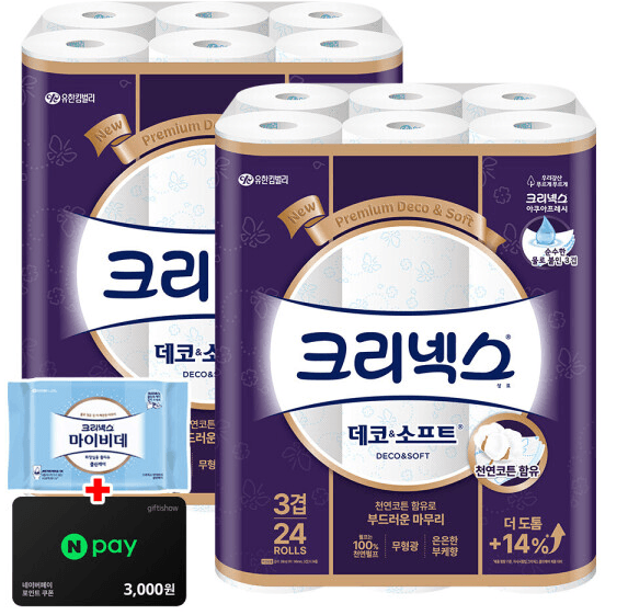 [지마켓] 크리넥스 도톰한 3겹 데코소프트 28M 24롤 2팩