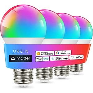 [Slickdeals] 4-Pk OREiN Matter Smart Light Bulb A19 RGBTW Color Changing Light Bulbs ($21.58 / (약: 30,535원))