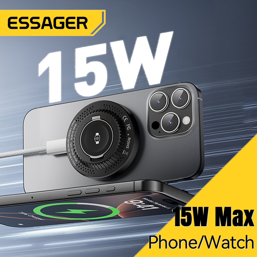 [알리익스프레스] Essager 2-in-1 자기 무선 충전기 15W 홀더 포함 iPhone 16 15 14 Pro Max iWatch 휴대용 고속 충전 ($0.29 / (약: 410원))