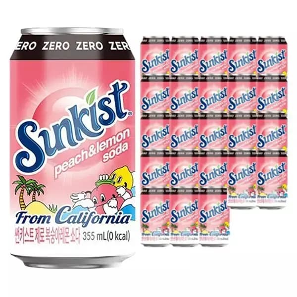 [쿠팡] 광동제약 썬키스트 제로 복숭아레몬 소다, 355ml, 24개 (12,860원 / 무료배송)
